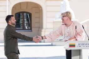 Ukraine's President Volodymyr Zelenskiy, Polish President Andrzej Duda And Lithuanian Prime Minister Ingrida Simonyte Attend A J