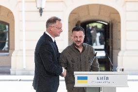 Ukraine's President Volodymyr Zelenskiy, Polish President Andrzej Duda And Lithuanian Prime Minister Ingrida Simonyte Attend A J