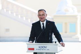 Ukraine's President Volodymyr Zelenskiy, Polish President Andrzej Duda And Lithuanian Prime Minister Ingrida Simonyte Attend A J