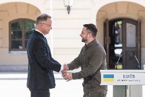 Ukraine's President Volodymyr Zelenskiy, Polish President Andrzej Duda And Lithuanian Prime Minister Ingrida Simonyte Attend A J