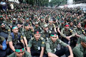 Members Of Bangladesh Ansar Protest In Dhaka.