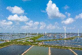 Wind Turbines Rotate in Vast Coastal Flat in Yancheng