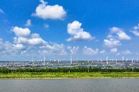 Wind Turbines Rotate in Vast Coastal Flat in Yancheng