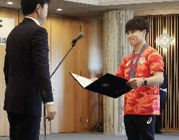 Gymnastics gold medalist Oka awarded in Okayama