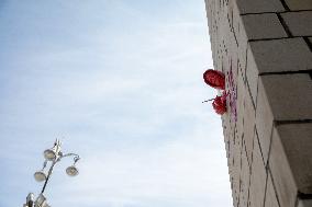 Sculpture by French street artist James Colomina on Central Post Offices wall in Kyiv