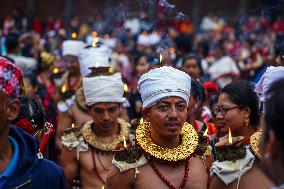 Hindu Devotees Celebrate Narayan Deep Yatra Festival In Bhaktapur, Nepal.