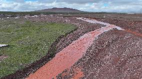 Red Rivers Flow Through Grassland in Haixi