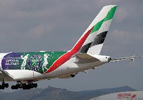 Emirates Airbus A380, with Wimbledon livery, landing in Barcelona