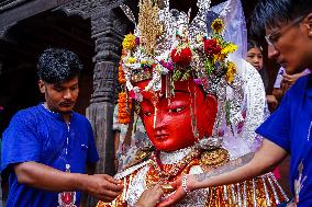 The Buddhist Community Display Effigies Of Dipankar Buddhas Statue In Bhaktapur, Nepal.