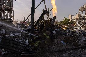 Firefighters work in Kharkiv