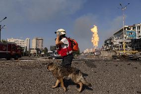 Firefighters work in Kharkiv