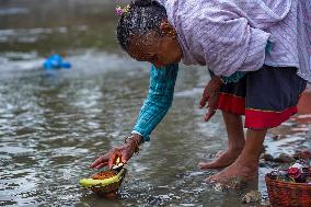 Hindu Devotees Offering Ritual On Father's Day In Bhaktapur, Nepal.