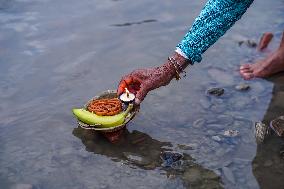 Hindu Devotees Offering Ritual On Father's Day In Bhaktapur, Nepal.