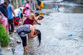 Hindu Devotees Offering Ritual On Father's Day In Bhaktapur, Nepal.