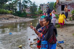 Hindu Devotees Offering Ritual On Father's Day In Bhaktapur, Nepal.