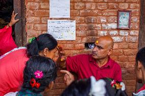 Hindu Devotees Offering Ritual On Father's Day In Bhaktapur, Nepal.