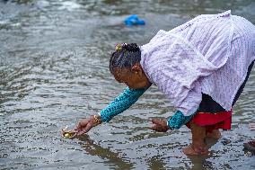 Hindu Devotees Offering Ritual On Father's Day In Bhaktapur, Nepal.