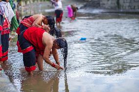 Hindu Devotees Offering Ritual On Father's Day In Bhaktapur, Nepal.