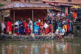 Hindu Devotees Offering Ritual On Father's Day In Bhaktapur, Nepal.