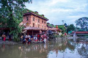 Hindu Devotees Offering Ritual On Father's Day In Bhaktapur, Nepal.