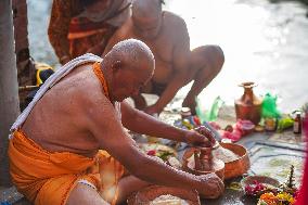 Hindu Devotees Offering Ritual On Father's Day In Bhaktapur, Nepal.