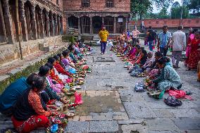 Hindu Devotees Offering Ritual On Father's Day In Bhaktapur, Nepal.