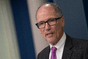 Director of the Office of Intergovernmental Affairs Tom Perez participates in the daily briefing