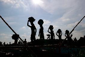 Workers Unload Earth From Meghna River - Dhaka