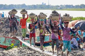 Workers Unload Earth From Meghna River - Dhaka