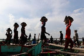 Workers Unload Earth From Meghna River - Dhaka