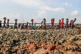 Workers Unload Earth From Meghna River - Dhaka