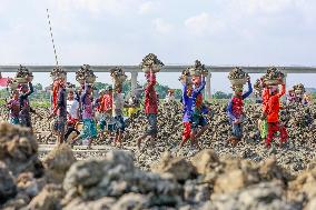 Workers Unload Earth From Meghna River - Dhaka