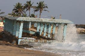 Platform Destroyed By The Strong Ocean Tides Along Paruthiyoor Beach