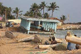 Platform Destroyed By The Strong Ocean Tides Along Paruthiyoor Beach