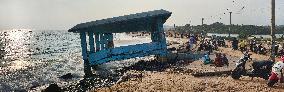 Platform Destroyed By The Strong Ocean Tides Along Paruthiyoor Beach