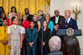 US President Joe Biden welcomes the University of South Carolina Gamecocks Womens Basketball team to the White House