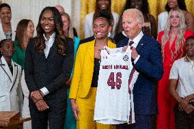 US President Joe Biden welcomes the University of South Carolina Gamecocks Womens Basketball team to the White House