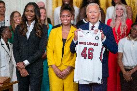 US President Joe Biden welcomes the University of South Carolina Gamecocks Womens Basketball team to the White House