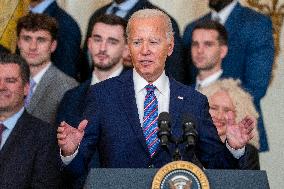 US President Joe Biden welcomes the University of Connecticut Huskies Mens Basketball team to the White House