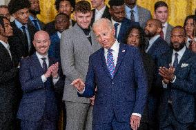 US President Joe Biden welcomes the University of Connecticut Huskies Mens Basketball team to the White House