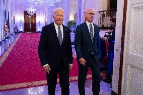 US President Joe Biden welcomes the University of Connecticut Huskies Mens Basketball team to the White House