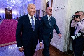 US President Joe Biden welcomes the University of Connecticut Huskies Mens Basketball team to the White House