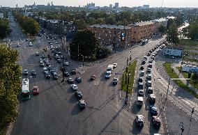 Traffic jam caused by a cycle lane