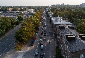 Traffic jam caused by a cycle lane