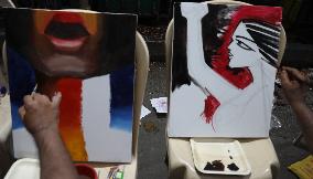 Artists Paint Canvas To Protest Protest Road Side Art Camp,In India, Kolkata - 12 Sep 2024