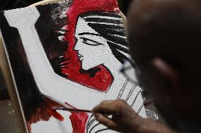 Artists Paint Canvas To Protest Protest Road Side Art Camp,In India, Kolkata - 12 Sep 2024