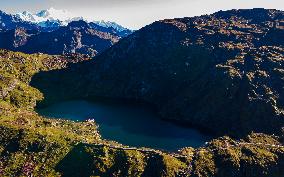 Drone View Of The Mountain Timbung Lake In Nepal.