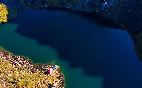 Drone View Of The Mountain Timbung Lake In Nepal.