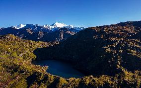 Drone View Of The Mountain Timbung Lake In Nepal.