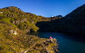 Drone View Of The Mountain Timbung Lake In Nepal.